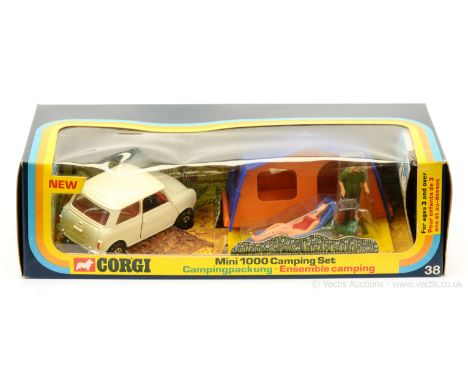 Corgi GS38 Gift Set "Camping" to include 1/36th scale Mini - finished in cream, red interior, Whizzwheels - Mint (couple of v