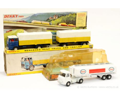 Dinky 917 Mercedes Truck &amp; Trailer - blue, yellow, white roof &amp; plastic canopies, chrome mirrors - Good Plus still a 