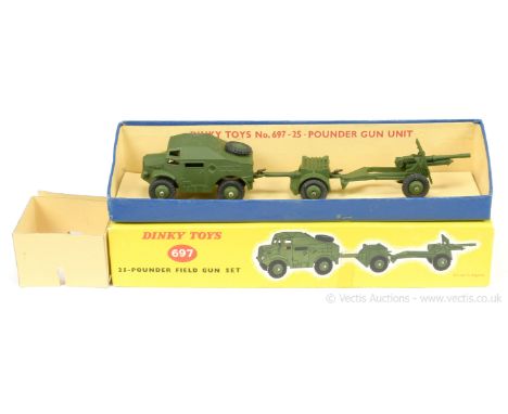 Dinky Military 697 Field Gun Set to include Artillery Tractor without windows, with figure driver and tow hook; Ammunition Tr