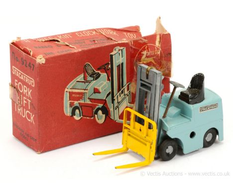 Chad Valley 9247 (Wee-Kin Clockwork Toy) Fork Lift Truck finished in drab greyish-blue, dark grey mast, yellow forks and guar