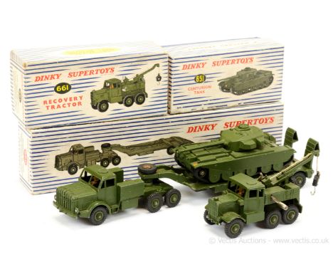 Dinky Military 651 Centurion Tank - green including metal rollers with black rubber tracks; 660 Mighty Antar Low Loader - gre
