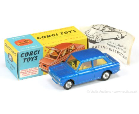 Corgi 251 Hillman Imp - blue body, yellow interior with tan luggage case, silver trim, chrome spun hubs - Near Mint (couple o