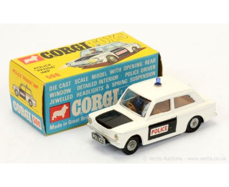 Corgi 506 Sunbeam Imp "Police" Car - white body, black doors and bonnet, brown interior with figure, blue roof light, silver 