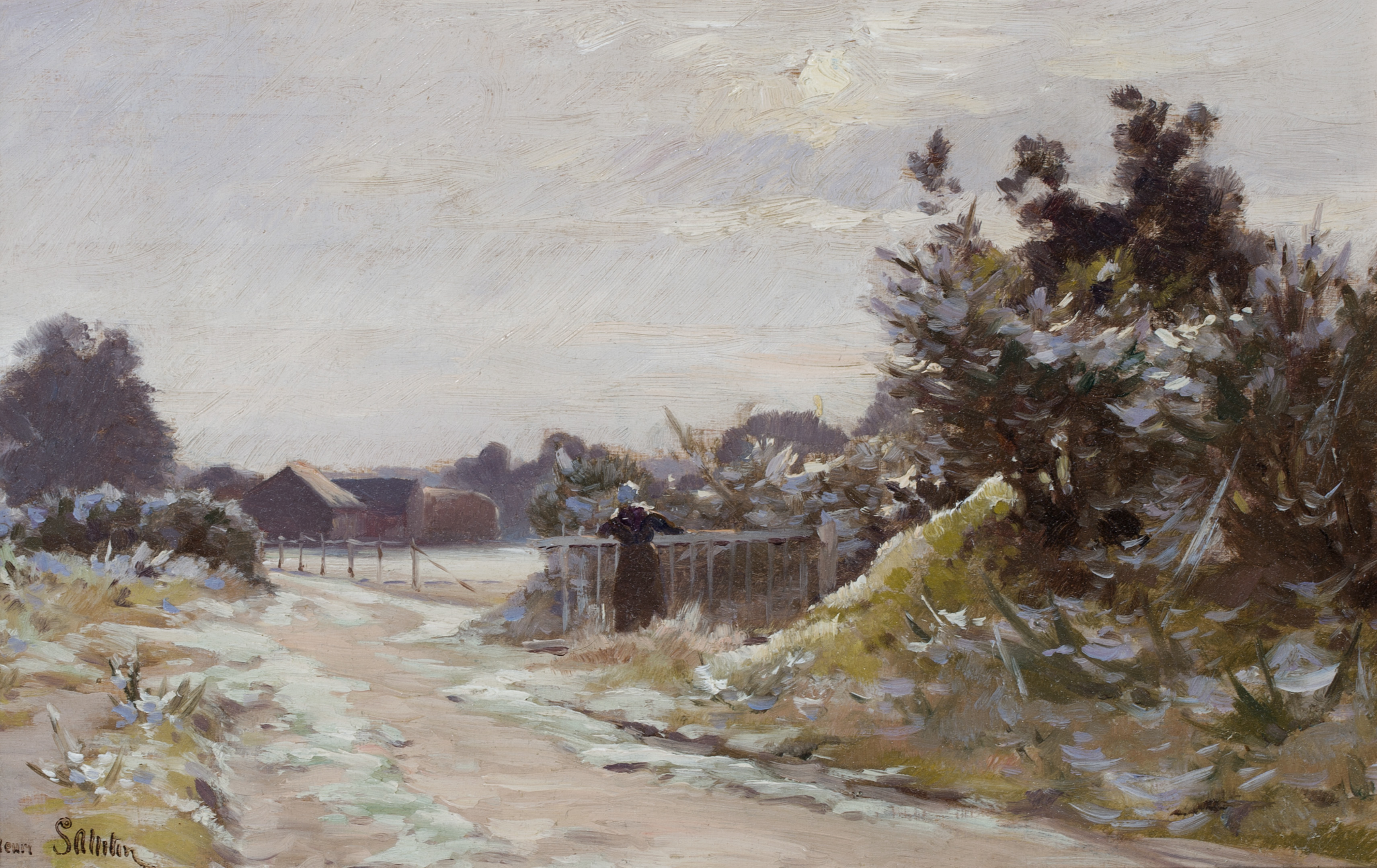 View of a Village Signed lower leftOil on panel15 by 23.5 cm.