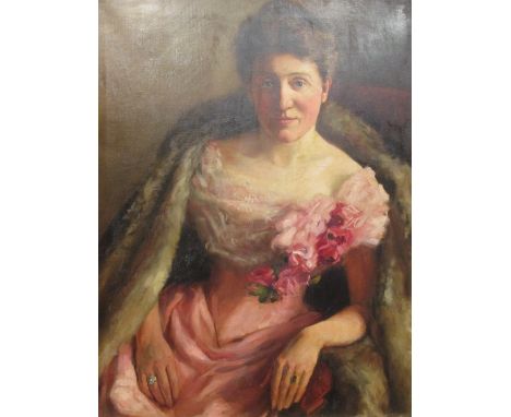 Leonard Skeats (1874-1943) Portrait of a lady in a pink dress, oil on canvas, 76 x 63cm  