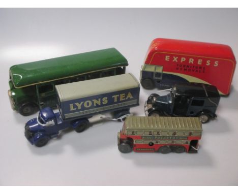 Tinplate clockwork vehicles, Chad Valley Express Removals Van, Tri-ang Minic Taxi, Tri-ang Minic Greenline Bus, Brimtoy Pocke