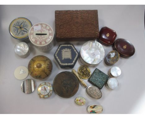 An 18th century French papier mache snuff box together with various boxes including an ivory export pin box  