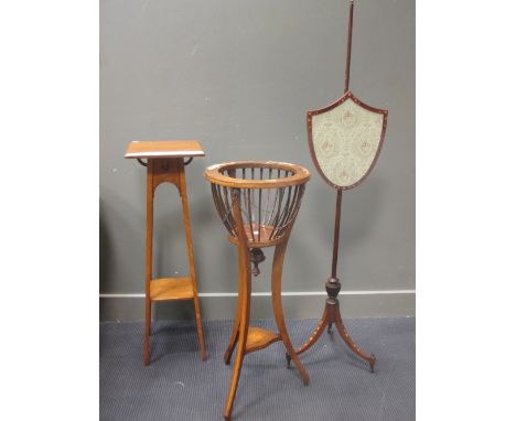 An Edwardian mahogany and floral painted firescreen and two jardinieres (3)  