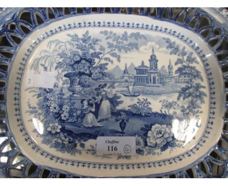 Four blue and white plates/stand with floral and named landscapes, including a Don Pottery example (4)  