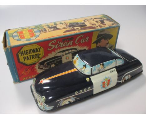 Tinplate friction drive Brimtoy Highway Patrol police car from the Broderick Crawford TV series, Boxed  