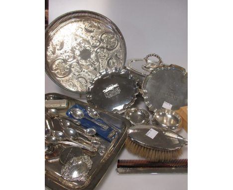 Silver brush and comb, two small silver salvers, and various plated wares  