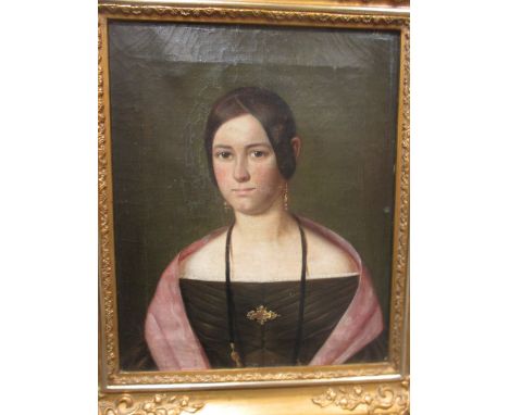 English Provincial School, 19th Century, Portrait of a lady in a brown dress, pink shawl and gold drop earrings, oil on canva