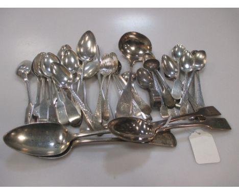 A collection of silver flatware including thirty one teaspoons, two tablespoons, three dessert spoons, two dessert forks, a s