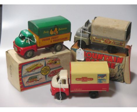 Tinplate (and plastic) Wells Brimtoy lorries, British Railways, Mountain Rescue (boxed), Fruit and Vegetables (Boxed) (3)  