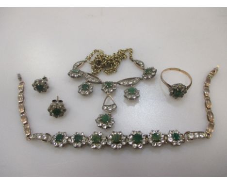 A green and white stone set suite of necklace, bracelet earrings and ring, set in yellow metal gross weight 28.7g (4)  