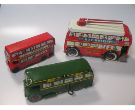 Tinplate clockwork Brimtoy Trolley Bus 8 1/4 inches, Brimtoy Greenline Bus, Mettoy Routemaster Bus (3)  