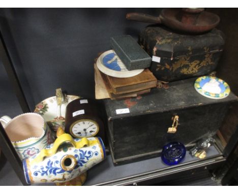 A 19th century black laquer tea caddy, a 19th century pine box together with miscellaneous china and other items  
