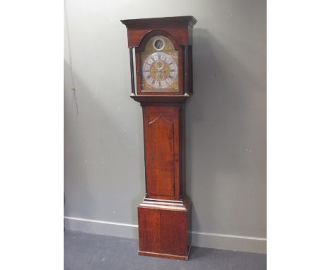 An oak longcase clock, William Kent of Saffron Walden no.213, with silvered and brass arched dial, Tempus Fugit rocking figur