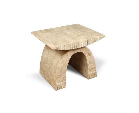 A 20th century fossil clad coffee table, to a fibreglass shell, the rectangular top raised on an arched base, 51 x 61 x 51cm 