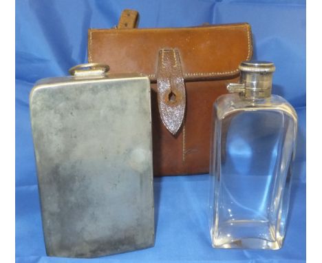 An Army & Navy sandwich tin and glass flask in a brown leather case  CONDITION REPORTS Sandwich tin is stamped "James Dixon &