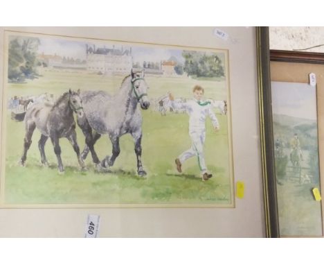 JANICE GORDON "Boy leading mare with foal", watercolour, signed lower right together with a selection of various hunting and 
