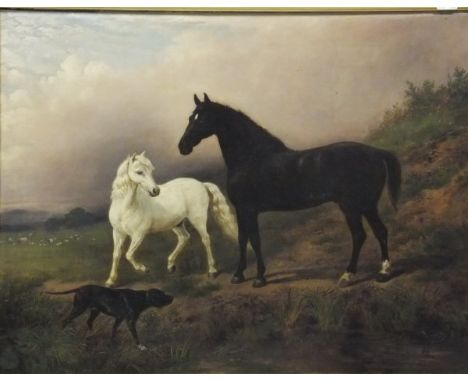 J TURNER "Horses and hound in a landscape with cattle and sheep in background", oil on canvas, signed and dated 1860 bottom l