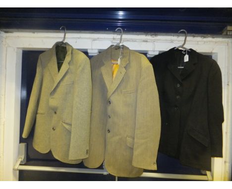 A black hunting jacket, together with two gentleman's tweed jackets CONDITION REPORTS Black hunting jacket has a small patch 