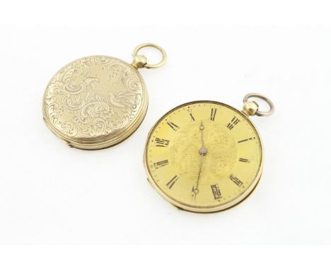 A key-wind fob watch stamped 18k, enamel on dial shows signs of wear, glass is missing, working, together with a decorated wa