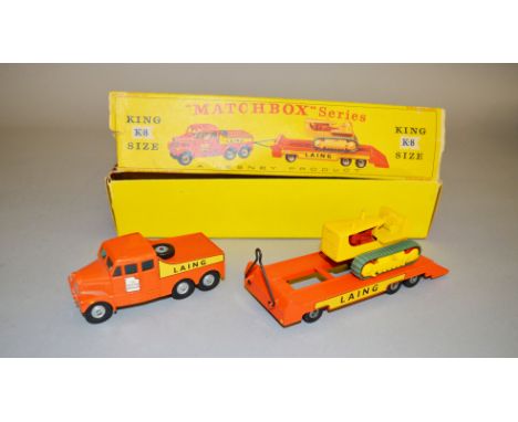 A boxed Matchbox diecast model from their King Size range, K-8 'LAING' Scammell Tractor and Transporter, G but with some repa