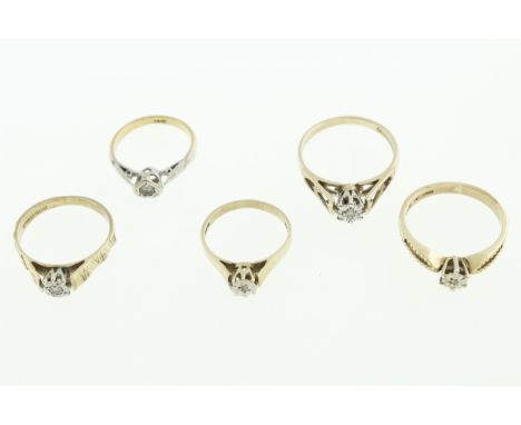 Four 9ct H/M diamond set rings, approx total diamond weight 0.12cts, a 9ct H/M cz ring, assorted sizes, approx gross weight 1