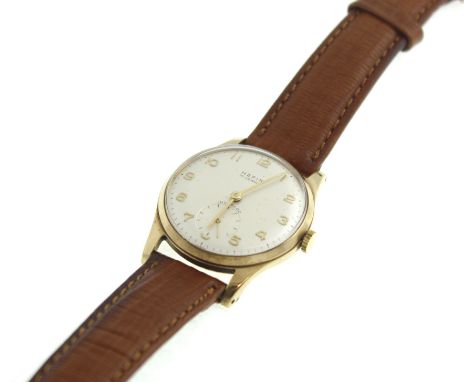 A 9ct Hefix 17 jewelled manual-wind gents wristwatch, the dial is uncracked &amp; in good condition, on a later leather strap