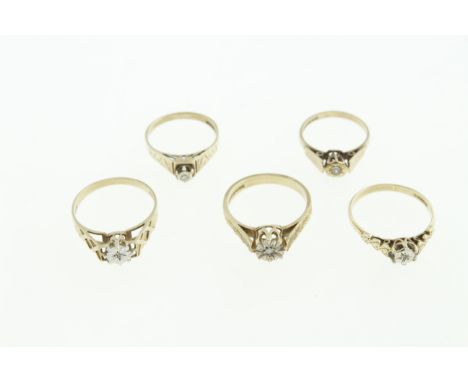 Four 9ct H/M diamond set rings, approx total diamond weight 0.10cts, a 9ct H/M cz ring, assorted sizes, approx gross weight 1