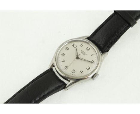 MOVADO- A stainless steel manual wind MOVADO Sport gents wristwatch, on later black leather strap.