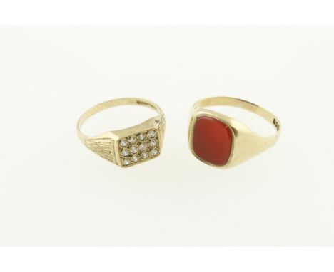 A gents H/M carnelian set ring, size V, together with a 9ct H/M CZ set ring, size S, approx gross weight 5.5gms