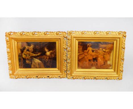 A pair of gilt-framed Crystoleums - the first depicting a group of Victorian children playing, the second depicting 3 girls t