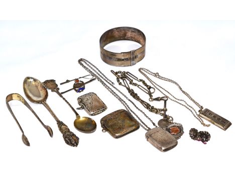 A quantity of silver to include an Albert chain, vesta cases, bangle &amp; novelty watch key etc, approx gross weight 201gms