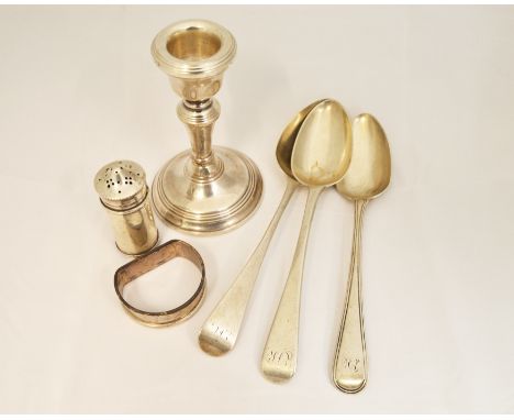 Three Georgian silver table spoons, approx 102gms, a single candelabra, pepper pot &amp; napkin ring