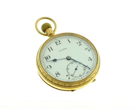 A 9ct Cyma top-wind pocket watch H/M Chester 1930, enamel dial is clean &amp; in very good condition, working