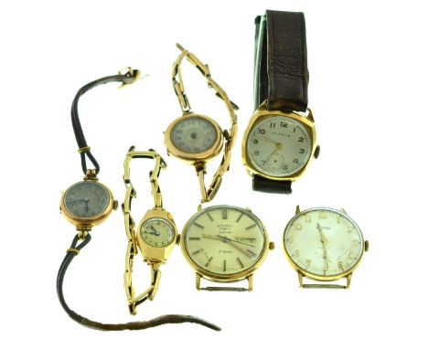 A quantity of six 9ct gold wristwatches, to include an Automatic 21 jewelled Rotary day-date with crack on glass, working, tw