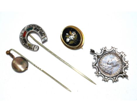 A Pietra Dura brooch A/F, together with stone set stick pins &amp; another coin brooch