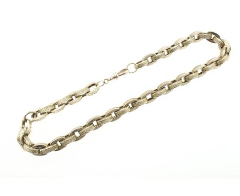 A 9ct fancy linked albert chain, one link missing secured by jump ring, approx weight 31.7gms