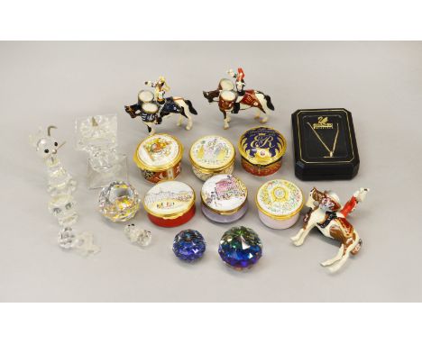 Mixed lot of Bilston Enamel pill boxes, Swarovski crystal ornaments etc.