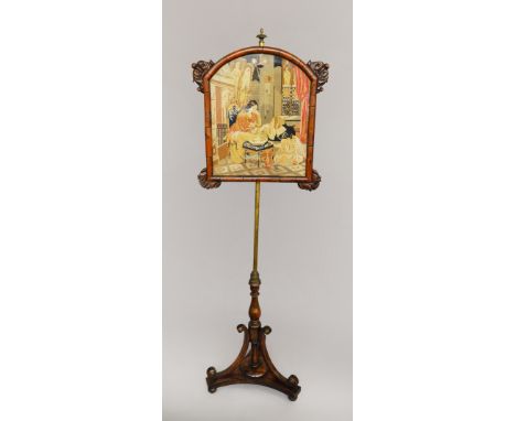 An excellent 19th Century pole-screen fire screen. Elegant rosewood tripod base, brass pole, rosewood framed tapestry screen.