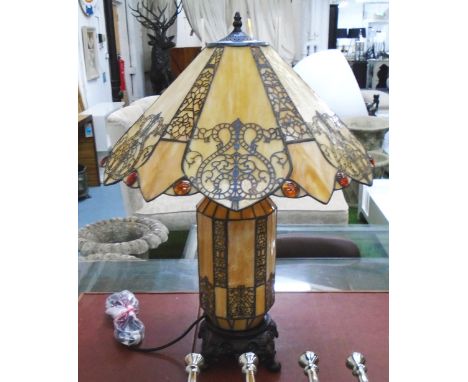 TABLE LAMP, Tiffany style, shade and stand, on decorative metal base, 68cm H, shade 49cm diam.