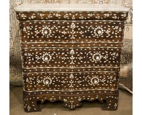 CHEST, Syrian hardwood with a serpentine shaped marble top over three long drawers with bone and mother of pearl inlay, 87cm 