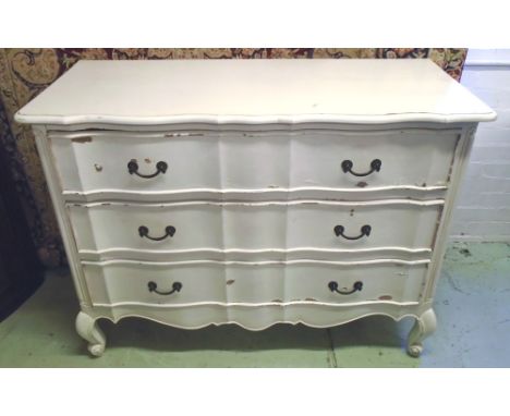 COMMODE, Louis XV style, three drawer, in distressed effect white painted finish, 120cm x 53cm x 90cm H.