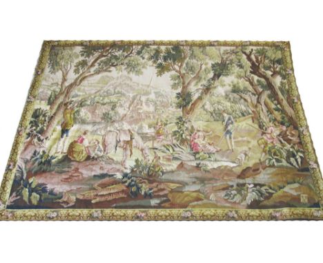 VERDU STYLE TAPESTRY, 180cm x 130cm, 'Passtoral view with hunting scene'.