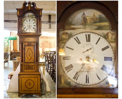 LONGCASE CLOCK, early Victorian, oak, mahogany and rosewood, with painted face inscribed Matthews, Welch-Pool, eight day move