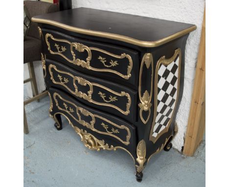COMMODE, black and white painted gilt detail, 104cm W x 53cm D x 101cm H, with faults. 