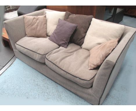 SOFA, light brown upholstery with charcoal ribbing, with various scatter cushions, 96cm D x 190cm W x 74cm H (with faults).